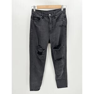 American Eagle Mom Jeans Women 0R Black Denim Distressed Cotton High Waisted